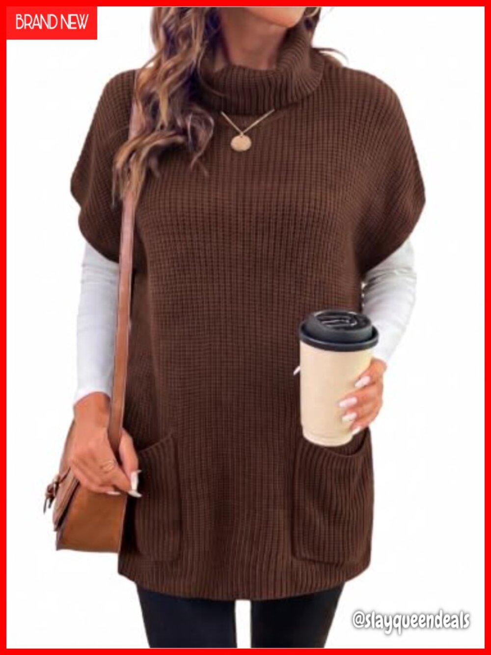 Crochet Knit Turtleneck Sweater Vest Cap Sleeve Tunic Layer